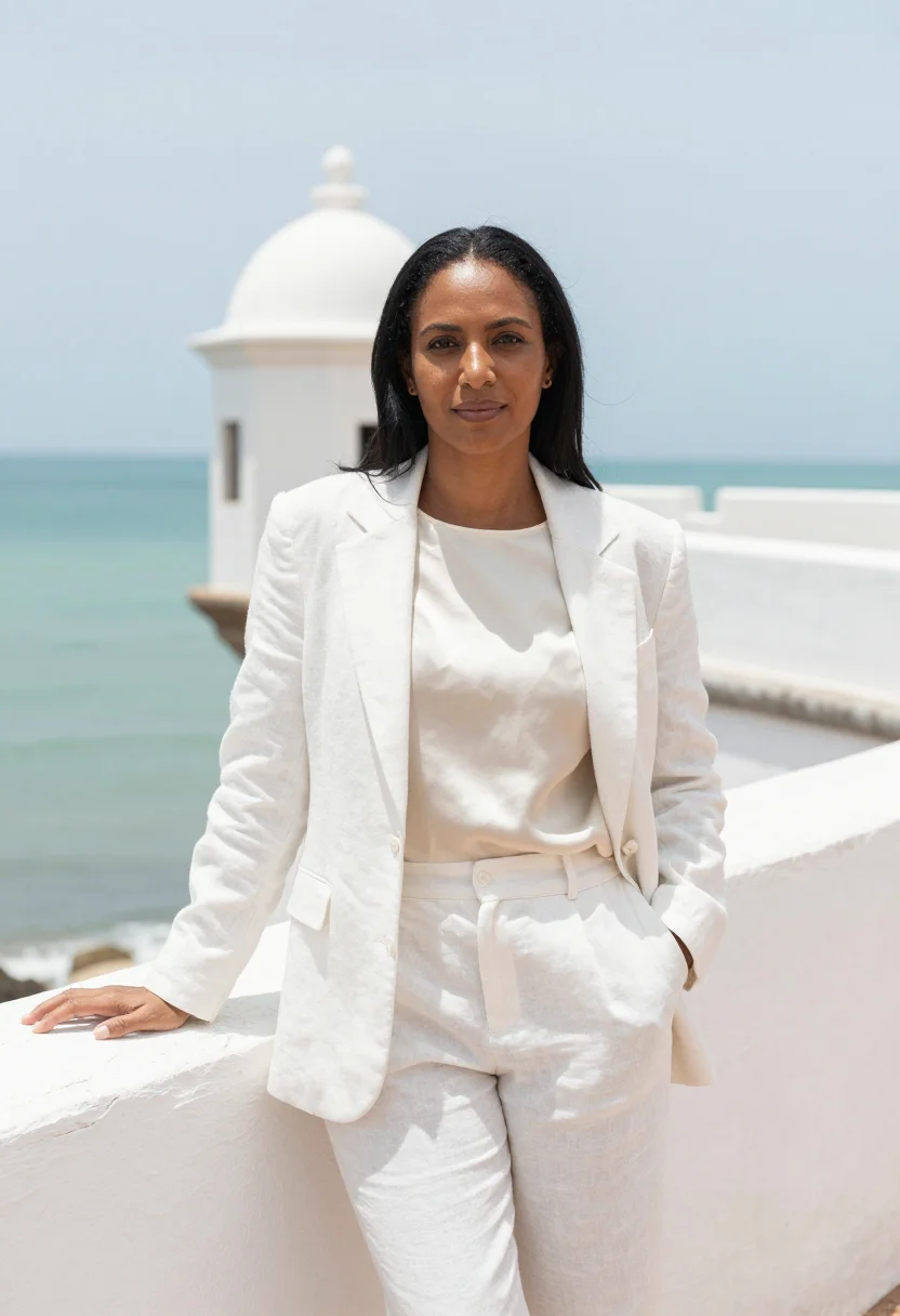 AI ilha de mocambique conservator coral white fort sample — portrait of a woman, a Mozambican conservator of Goan descen