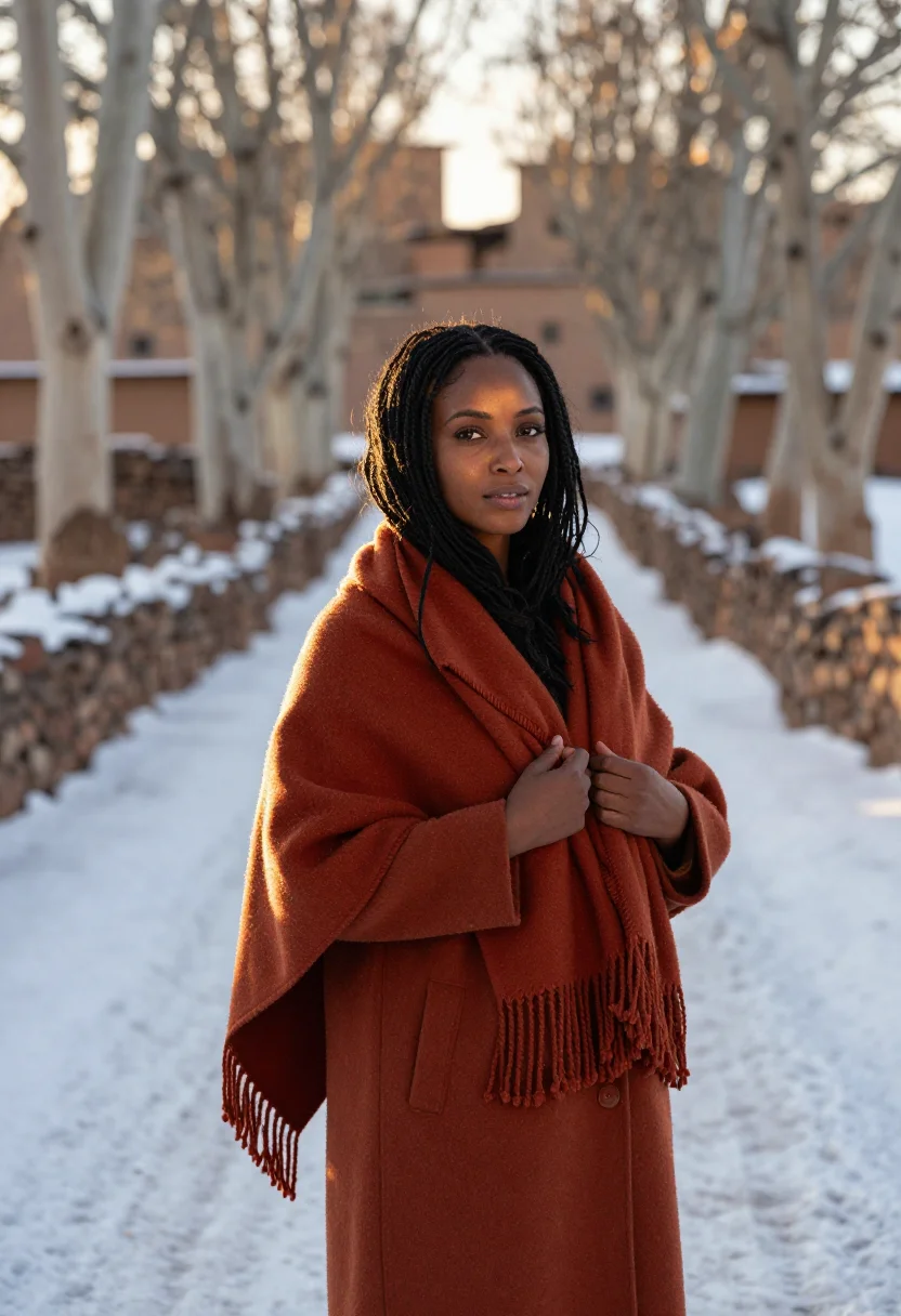 AI imlil atlas january snow terracotta sample — portrait of a woman, framed chest-up, the crop at the lower