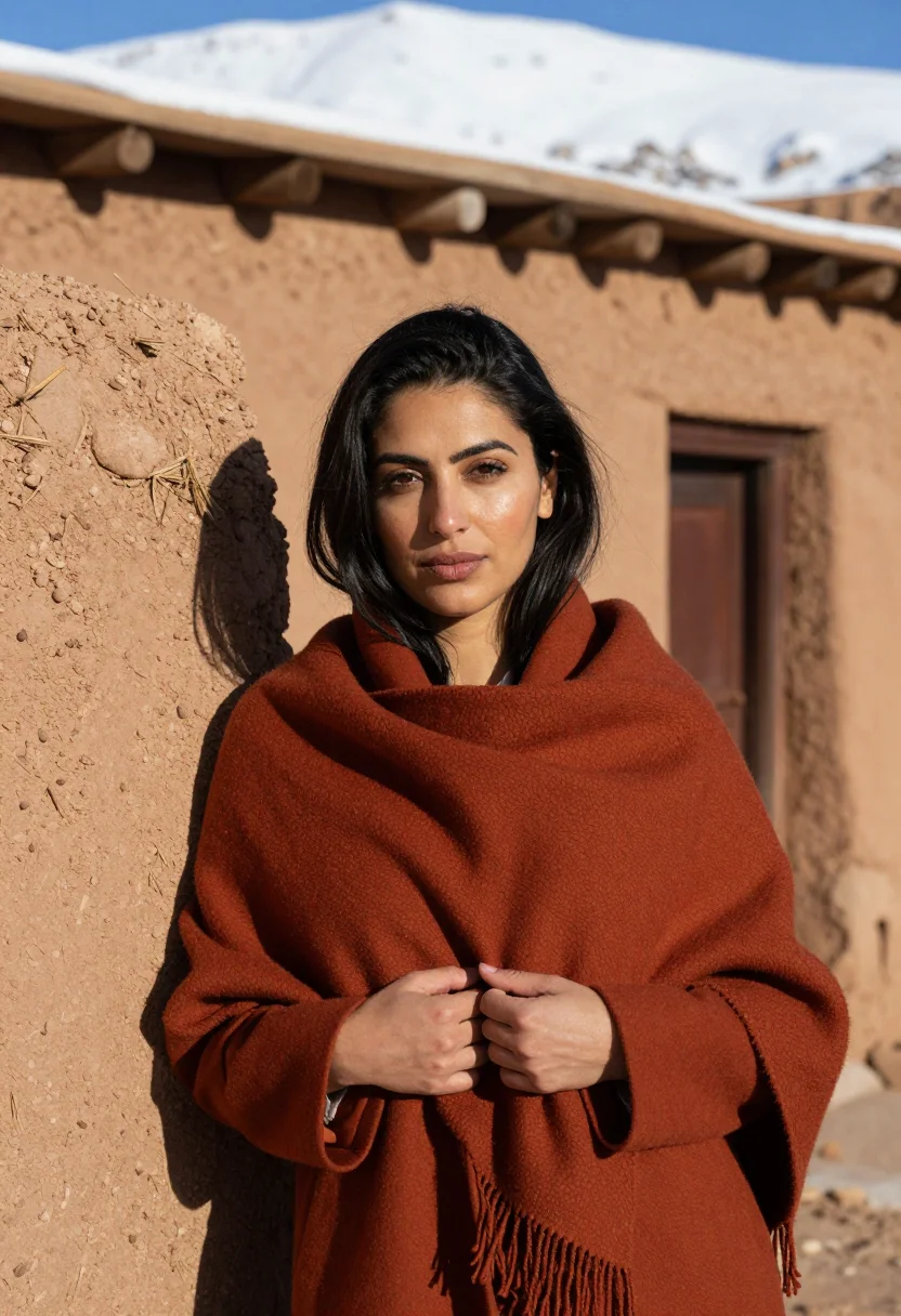 AI imlil atlas january snow terracotta sample — portrait of a woman, framed tight, head and shoulders, the b
