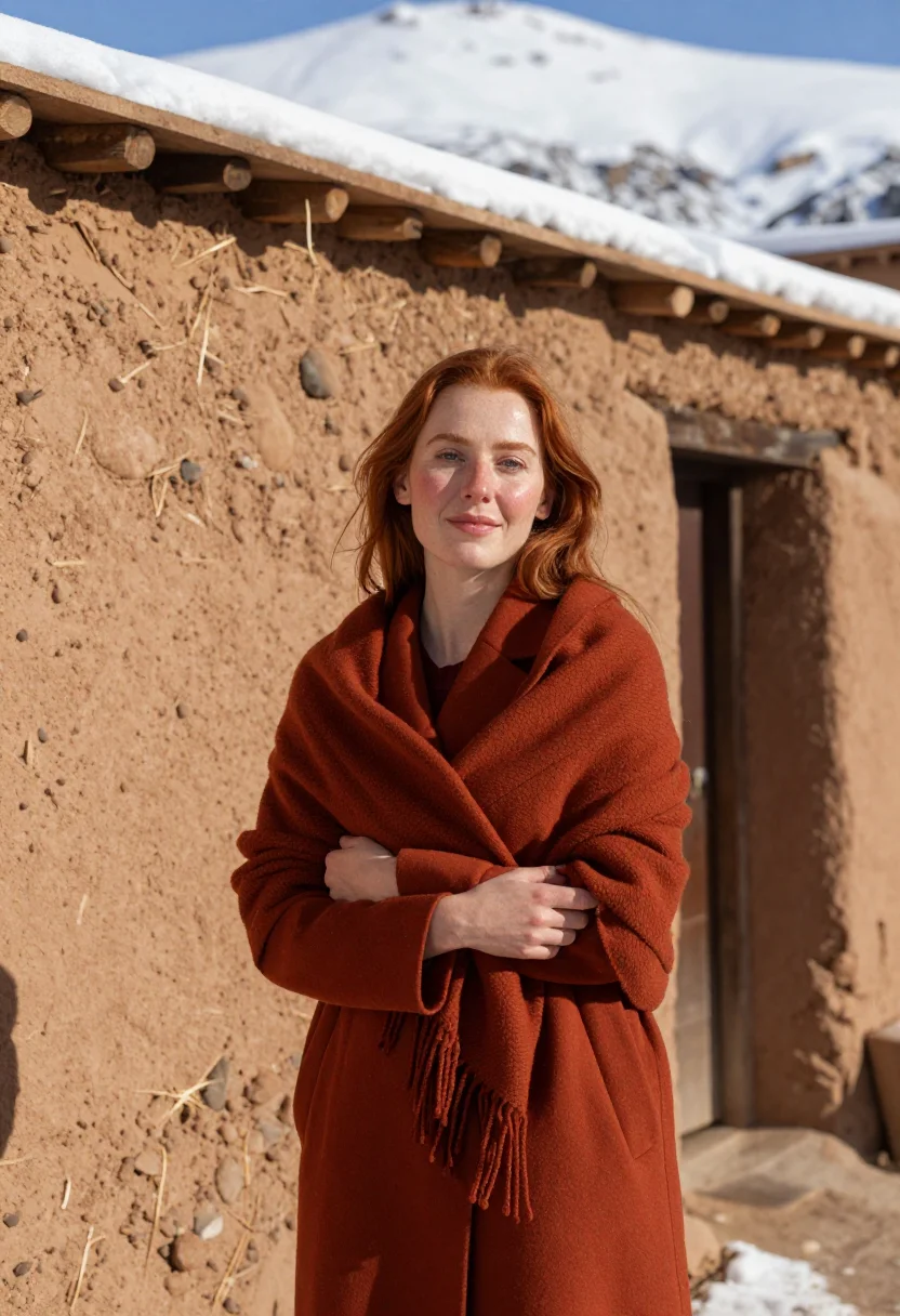 AI imlil atlas january snow terracotta sample — portrait of a woman, framed chest-up, the crop at the lower