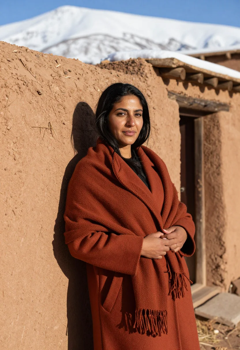 AI imlil atlas january snow terracotta sample — portrait of a woman, framed half-length from the hips up, a