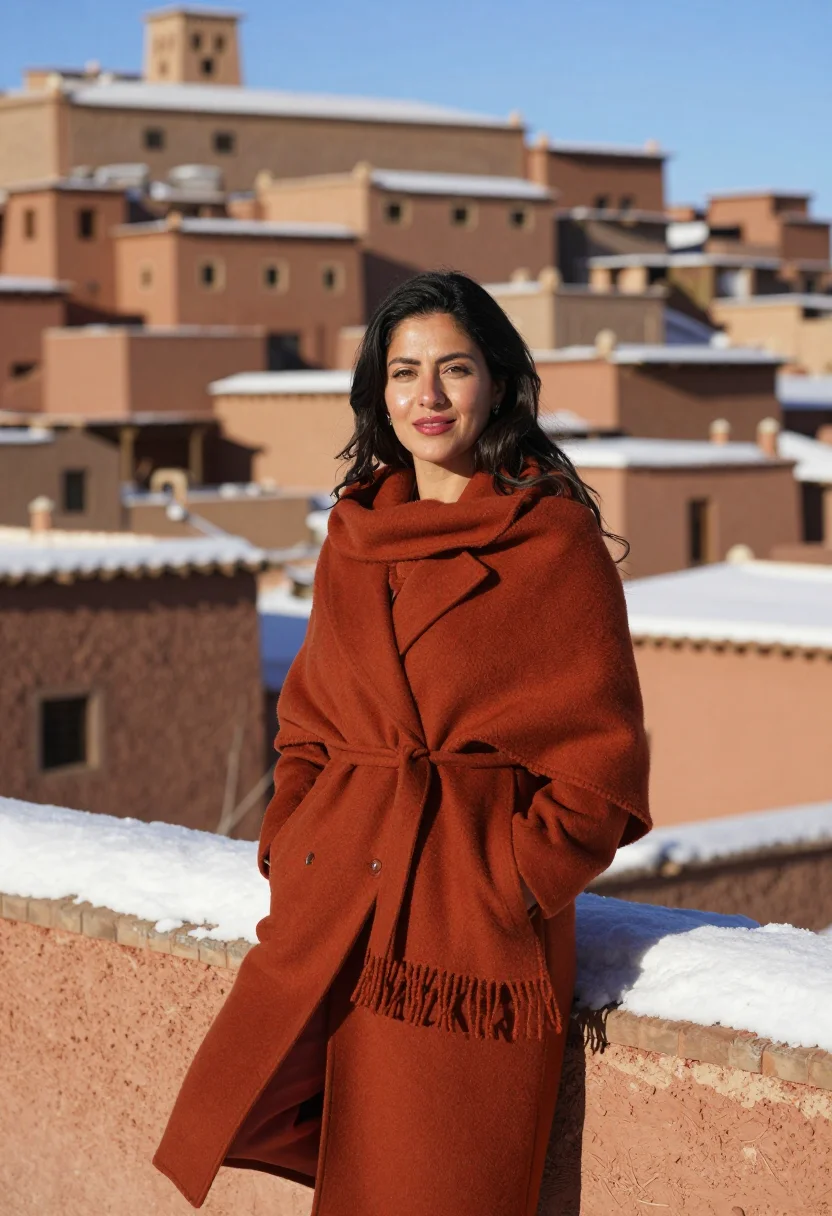 AI imlil atlas january snow terracotta sample — portrait of a woman, framed three-quarter length from the kn