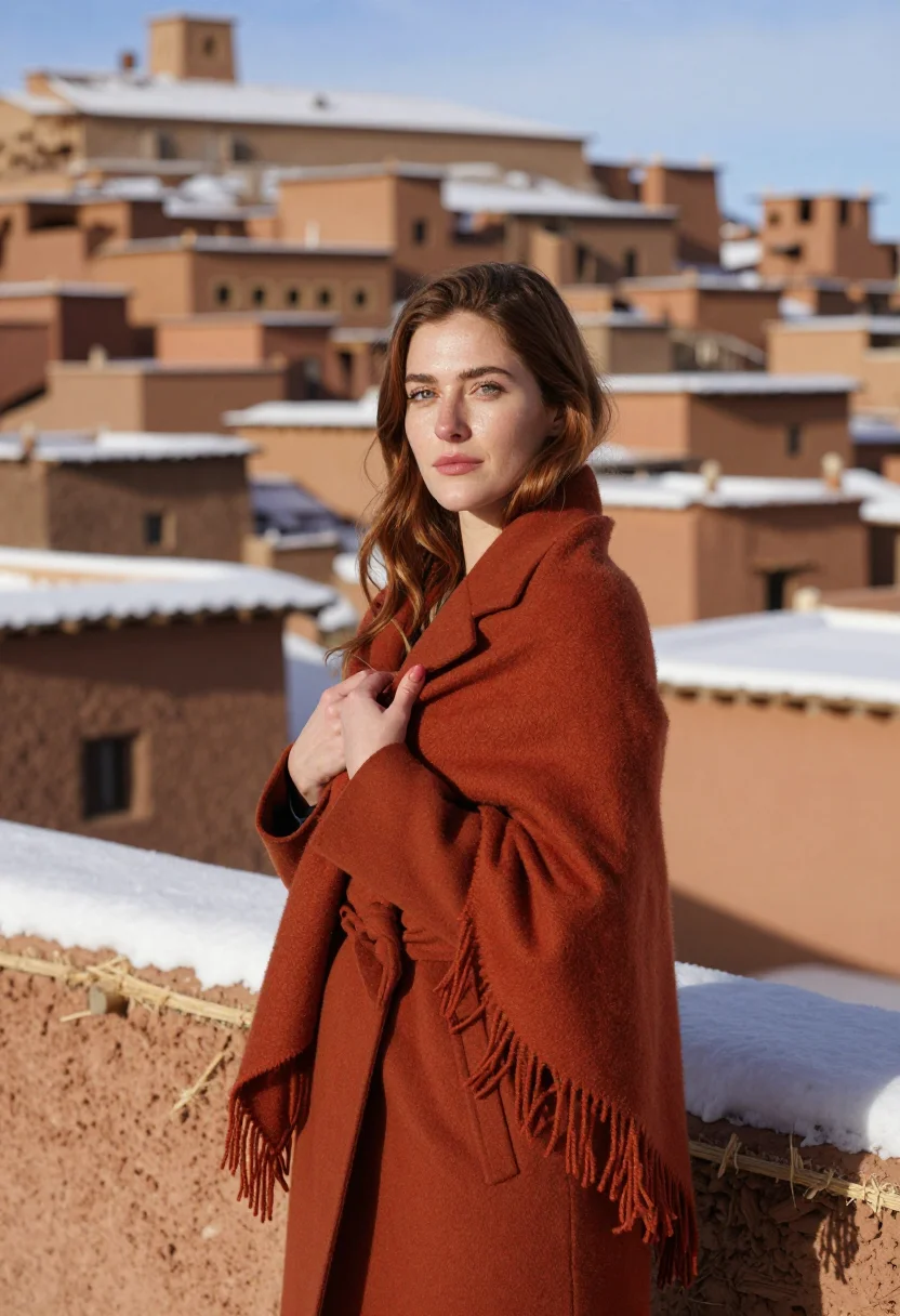 AI imlil atlas january snow terracotta sample — portrait of a woman, framed chest-up, the crop at the lower