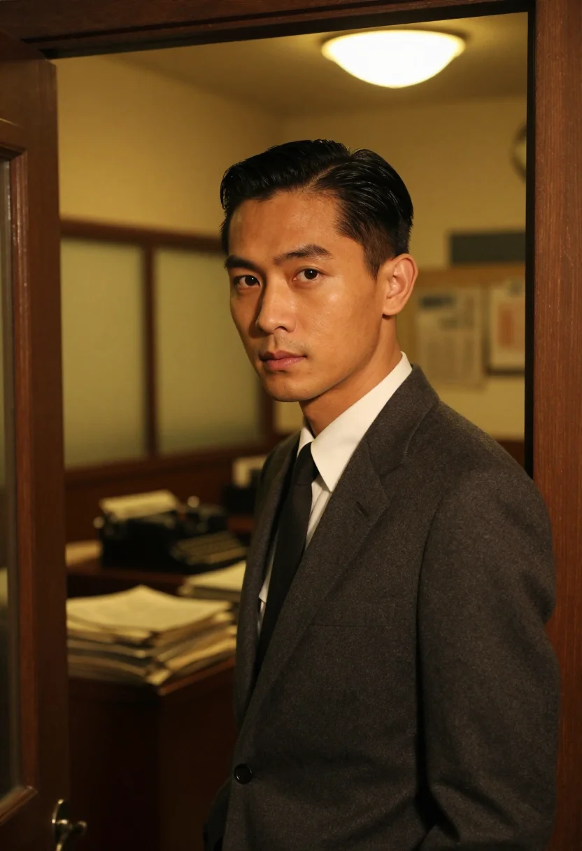 AI in the mood for love hong kong slick hair dark suit sample — portrait of a man, a Taiwanese man in his early forties with