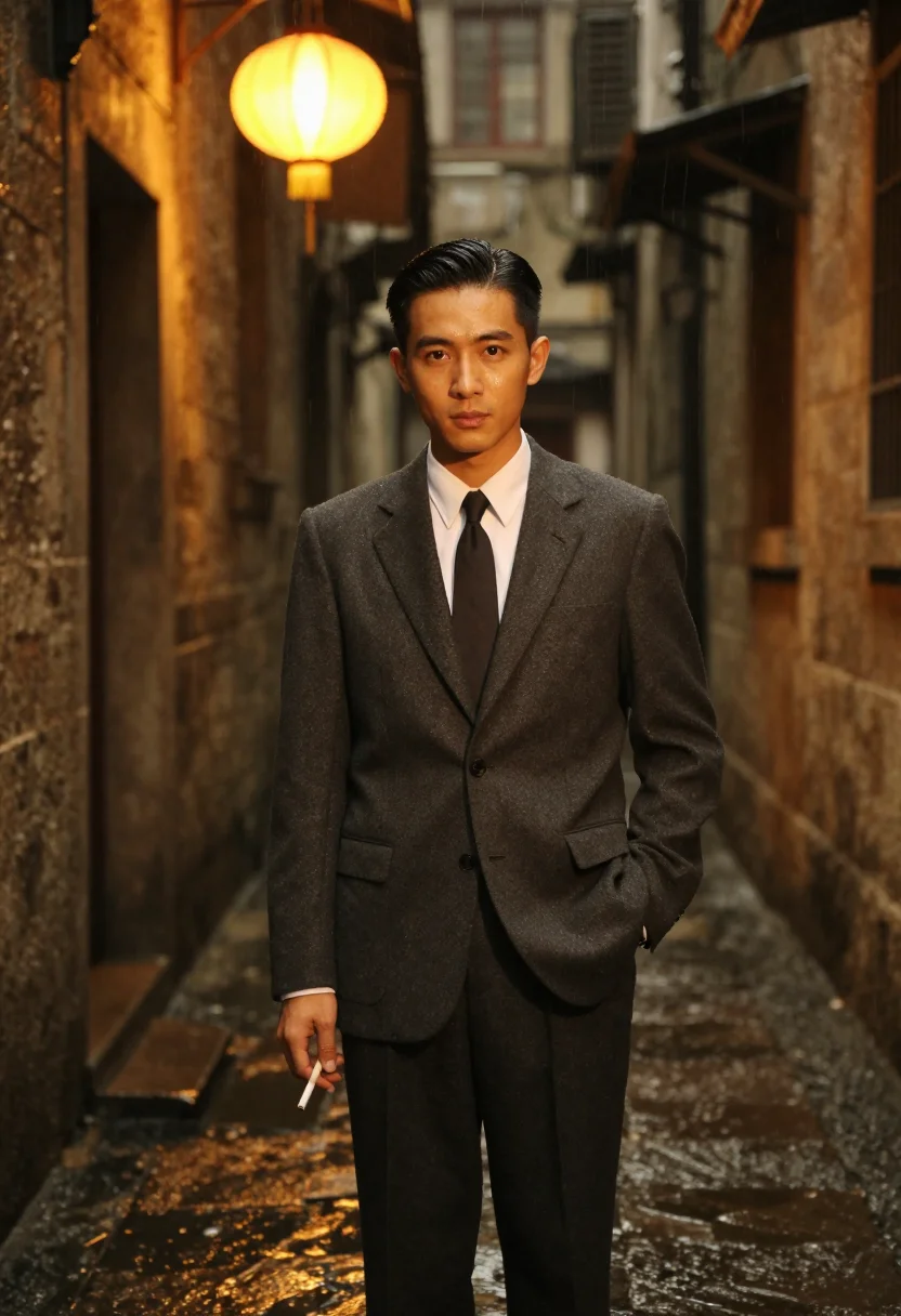 AI in the mood for love hong kong slick hair dark suit sample — portrait of a man, a Hakka Chinese man in his mid-thirties w