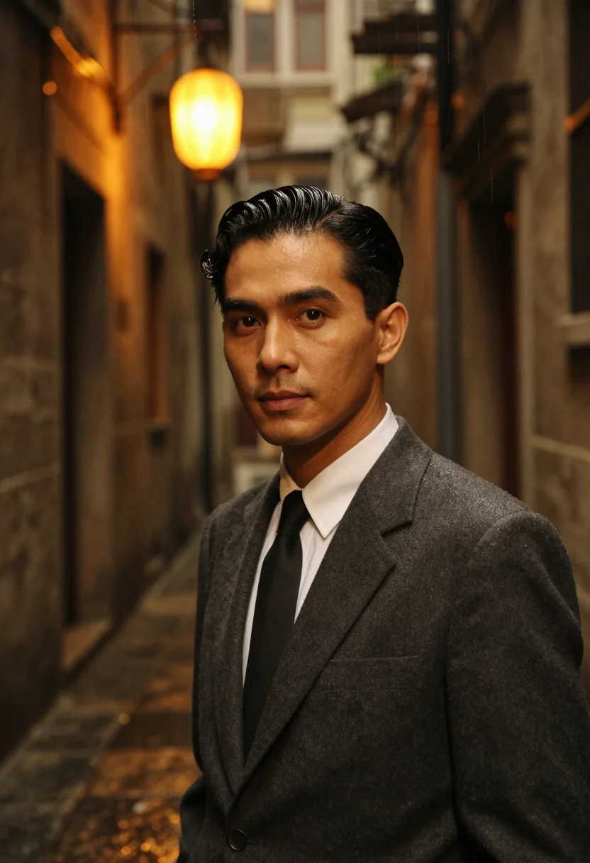 AI in the mood for love hong kong slick hair dark suit sample — portrait of a man, a Macanese man in his late thirties with