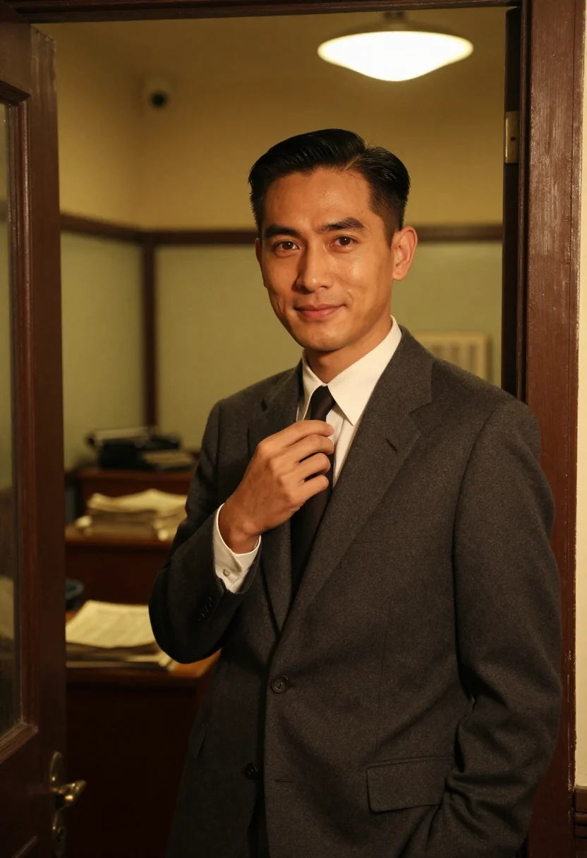 AI in the mood for love hong kong slick hair dark suit sample — portrait of a man, a Hong Kong Eurasian man in his late thir