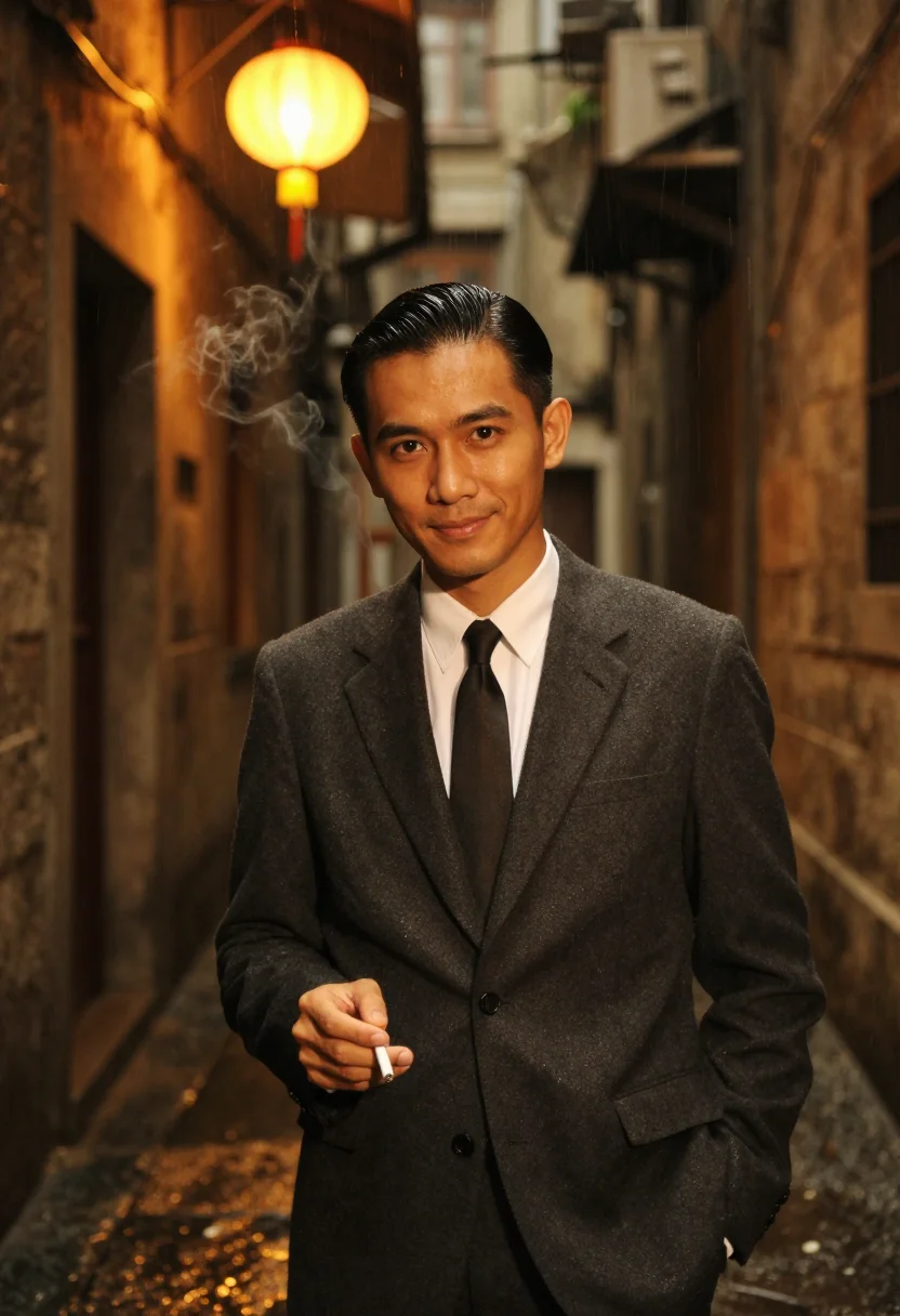 AI in the mood for love hong kong slick hair dark suit sample — portrait of a man, a Malaysian Chinese man in his early fort