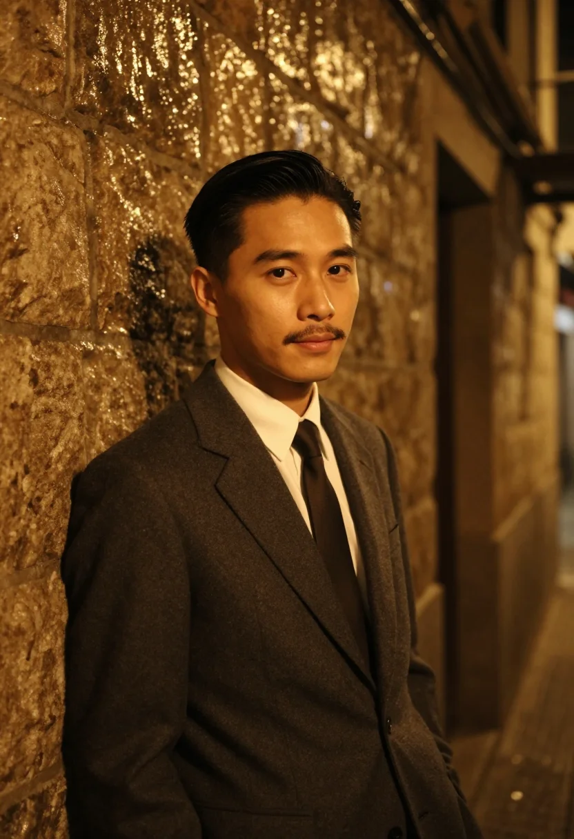 AI in the mood for love hong kong slick hair dark suit sample — portrait of a man, a Shanghainese man in his early forties w