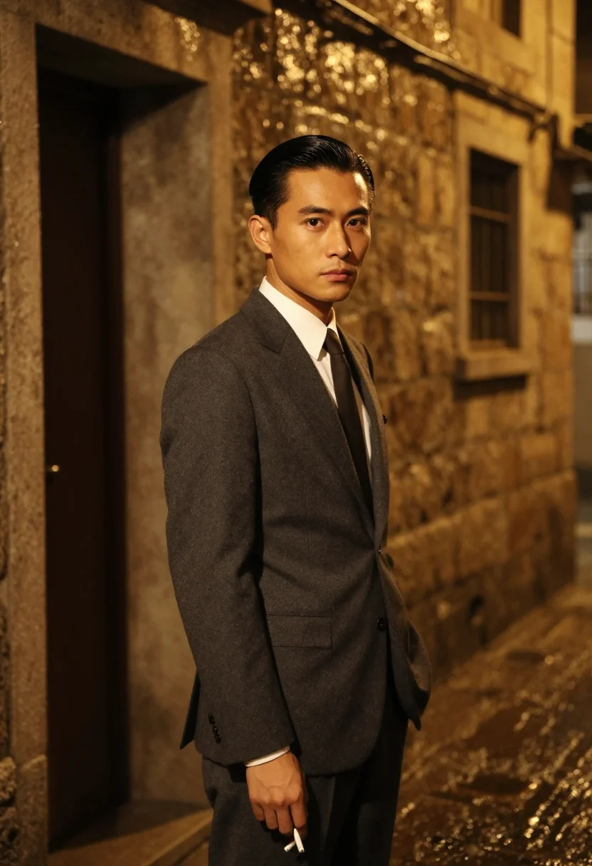 AI in the mood for love hong kong slick hair dark suit sample — portrait of a man, a Cantonese man in his mid-thirties with