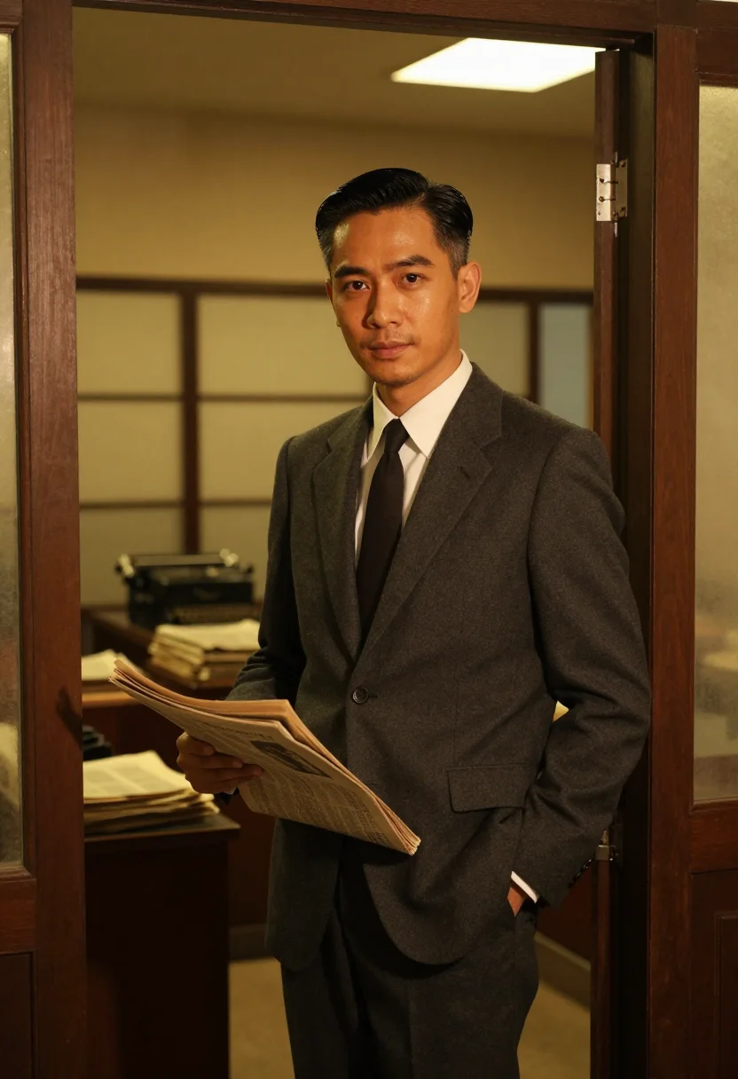 AI in the mood for love hong kong slick hair dark suit sample — portrait of a man, a Singaporean Chinese man in his mid-fort