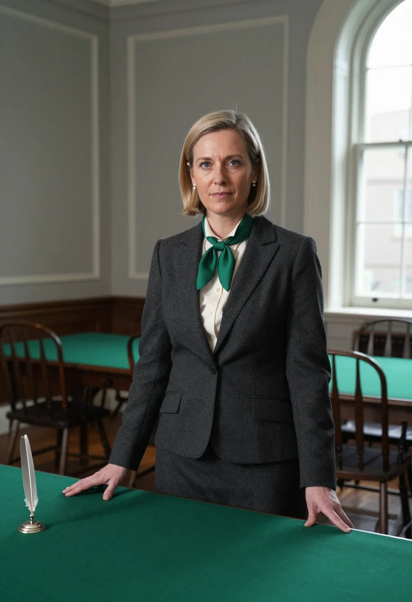 AI independence hall attorney green baize sample — portrait of a woman, half-length portrait of an attorney, a
