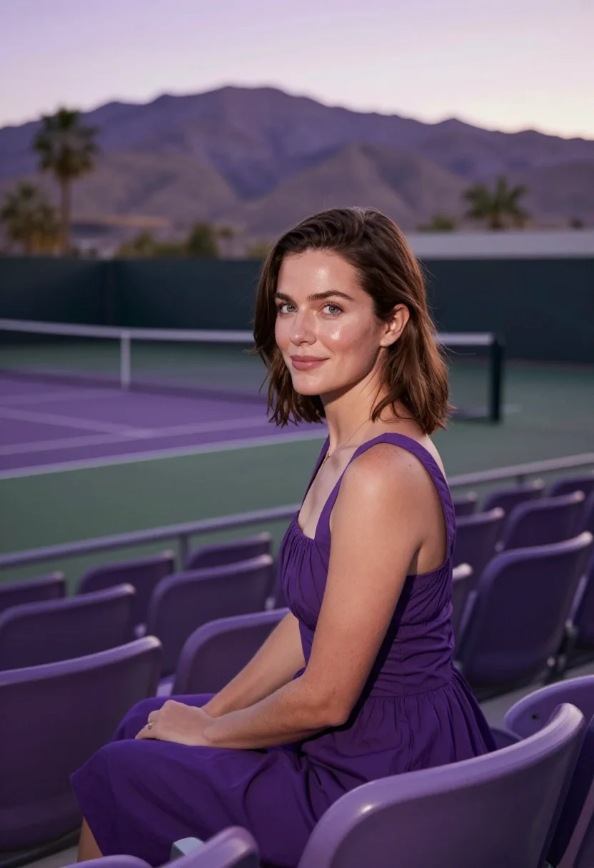 AI indian wells tennis garden desert purple sample — portrait of a woman, a spectator in her late thirties with f