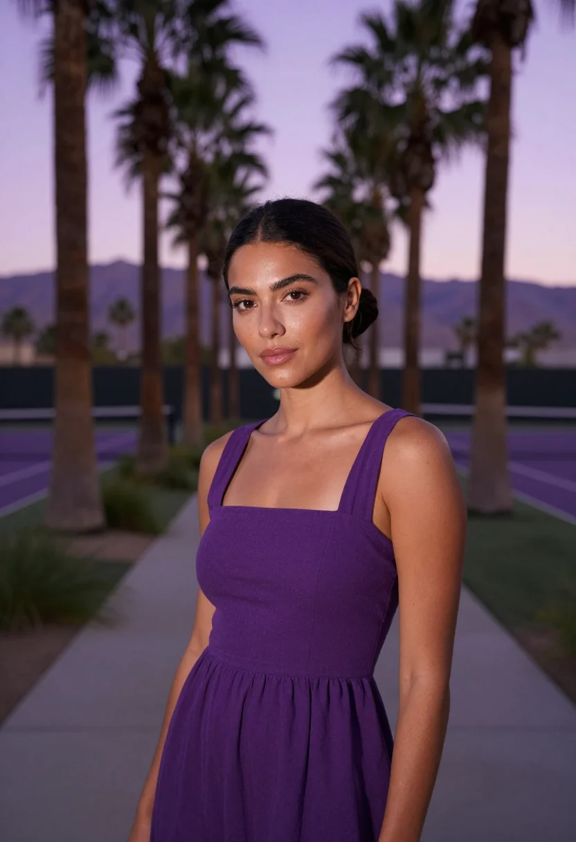 AI indian wells tennis garden desert purple sample — portrait of a woman, a spectator in her early thirties with