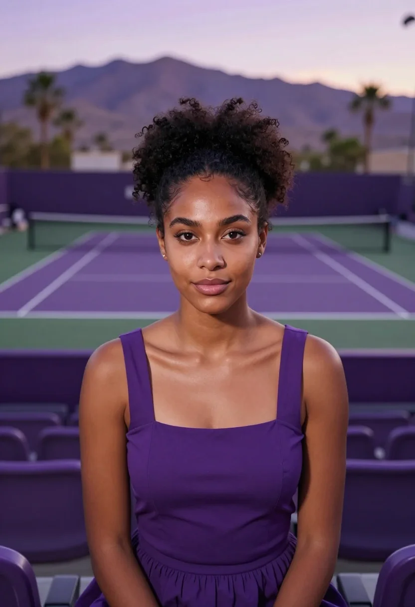 AI indian wells tennis garden desert purple sample — portrait of a woman, a spectator in her mid-twenties with de