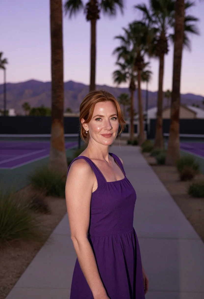AI indian wells tennis garden desert purple sample — portrait of a woman, a spectator in her forties with fair sk