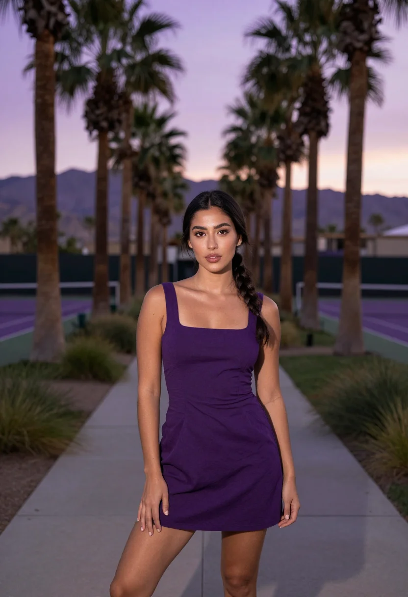 AI indian wells tennis garden desert purple sample — portrait of a woman, a spectator in her twenties with olive