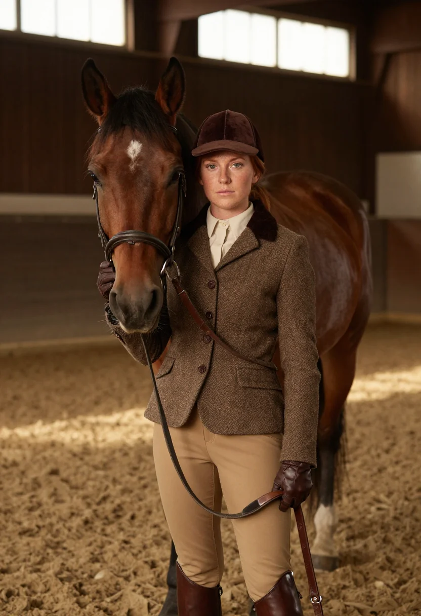 AI indoor school bay brown sample — portrait of a woman, framed tight, head and shoulders, the b
