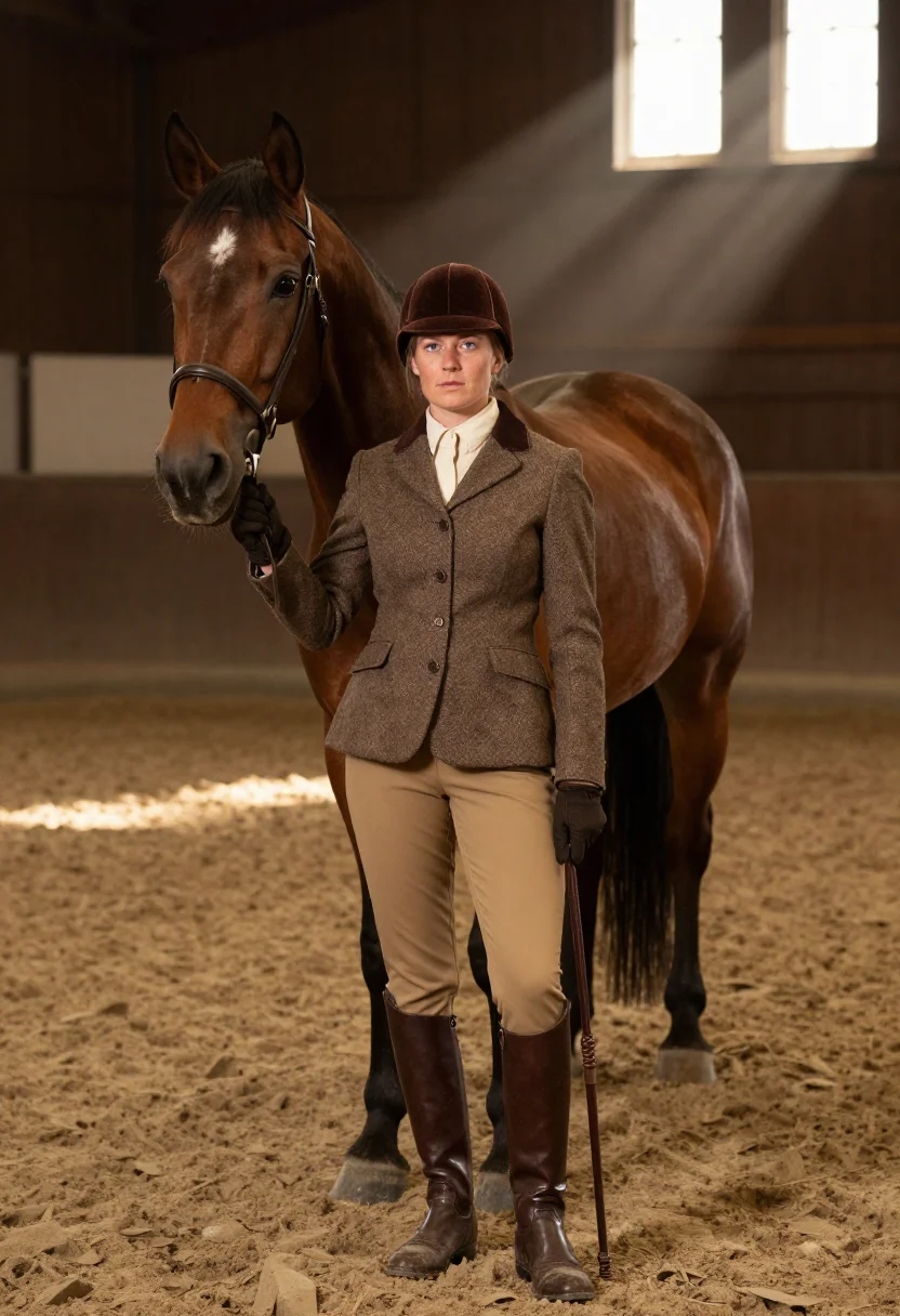 AI indoor school bay brown sample — portrait of a woman, framed three-quarter length from the he