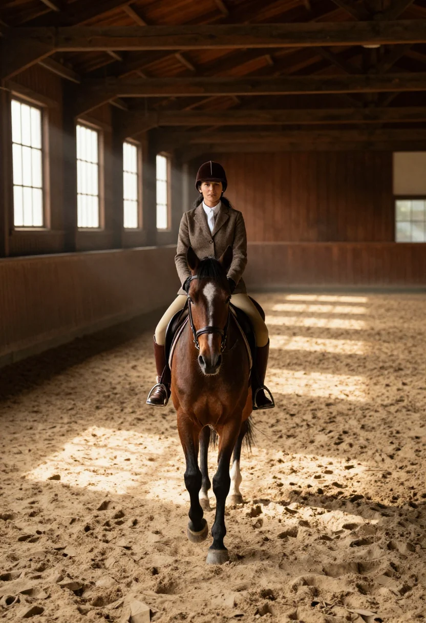 AI indoor school bay brown sample — portrait of a woman, framed wide from the viewing gallery at