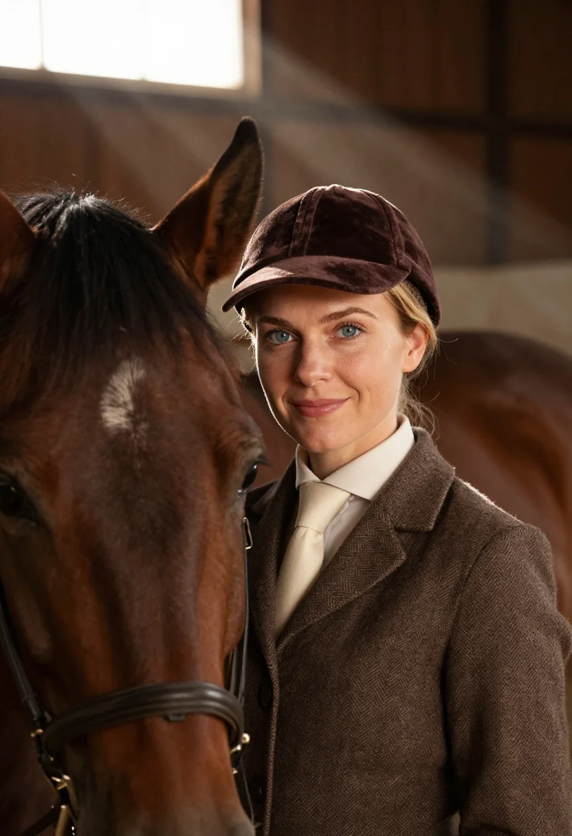 AI indoor school bay brown sample — portrait of a woman, framed tight, head and shoulders, the b