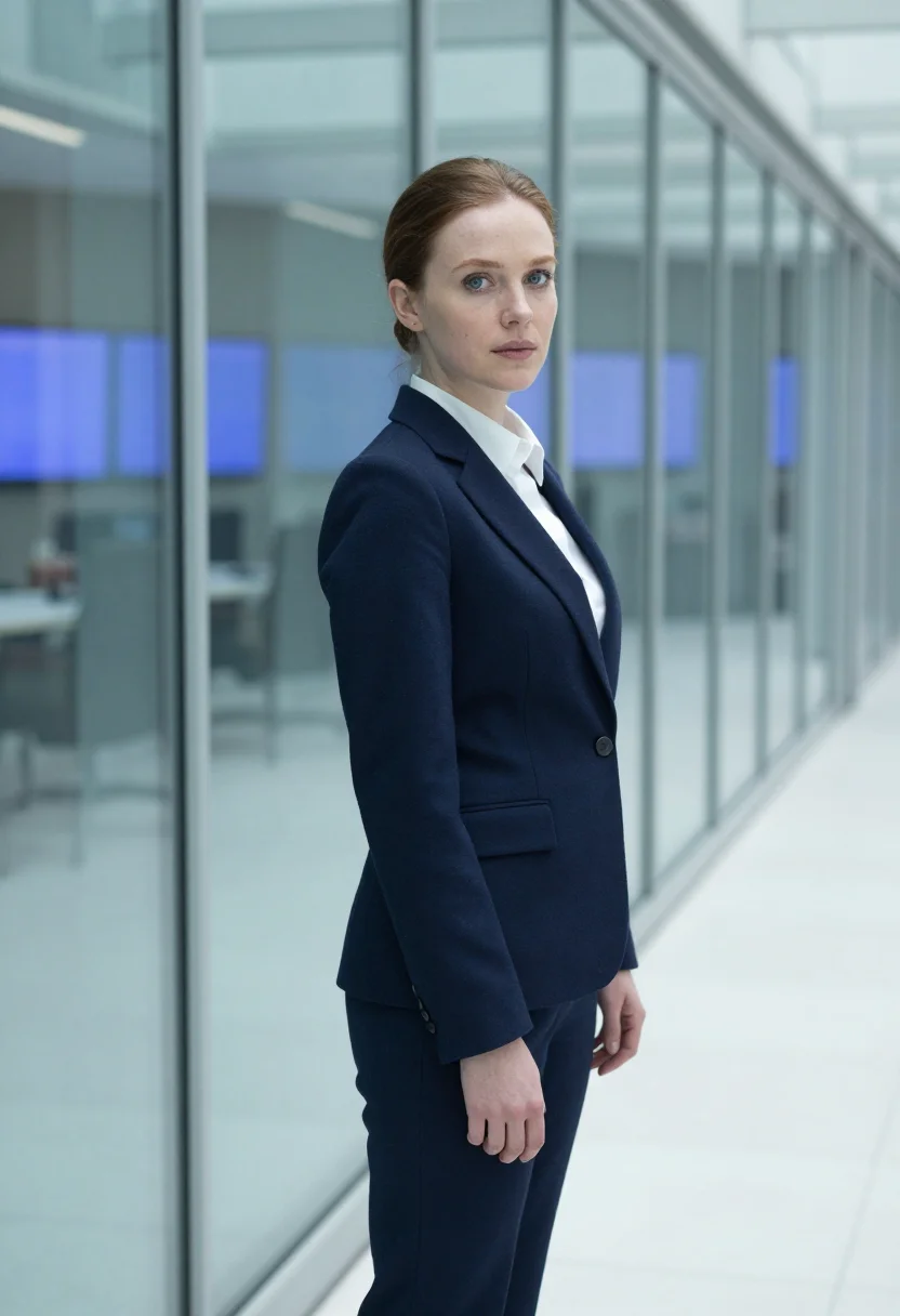 AI industry pierpoint london trading floor navy sample — portrait of a woman, a trader in her late twenties of Irish