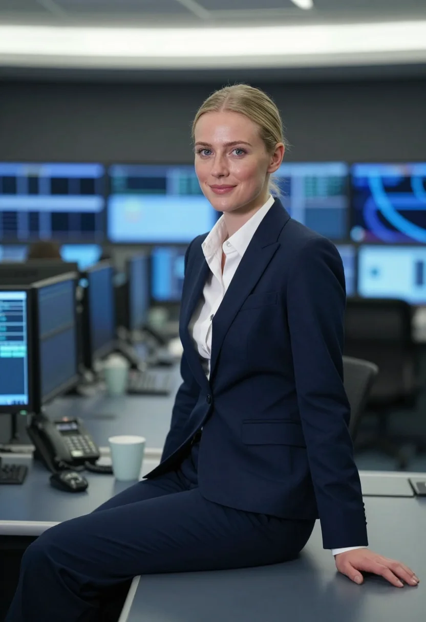 AI industry pierpoint london trading floor navy sample — portrait of a woman, a trader in her late twenties of Danish