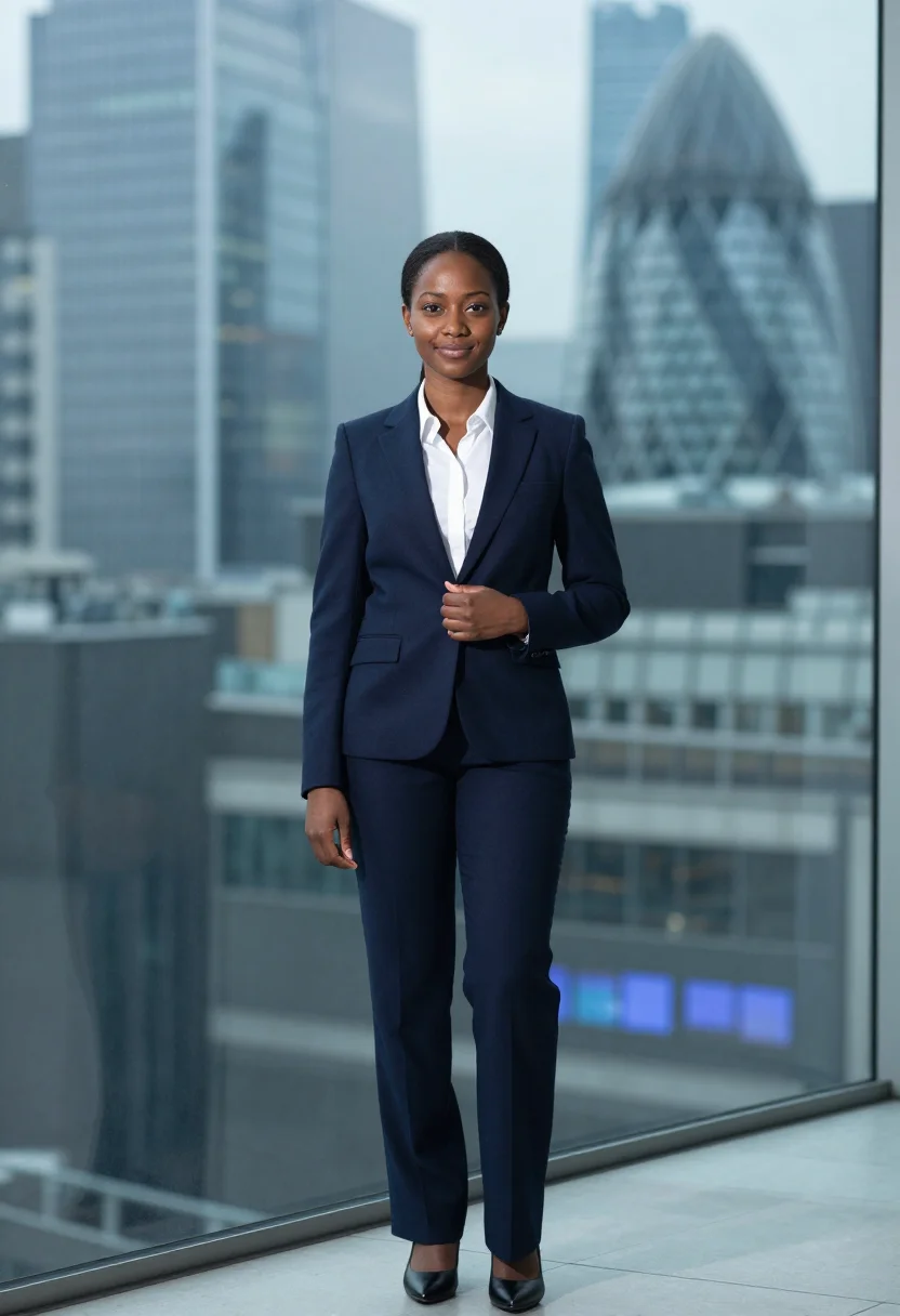 AI industry pierpoint london trading floor navy sample — portrait of a woman, a trader in her early thirties of Niger