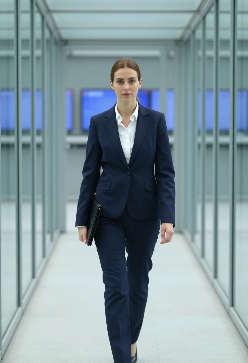 AI industry pierpoint london trading floor navy sample — portrait of a woman, a trader in her mid-twenties of French