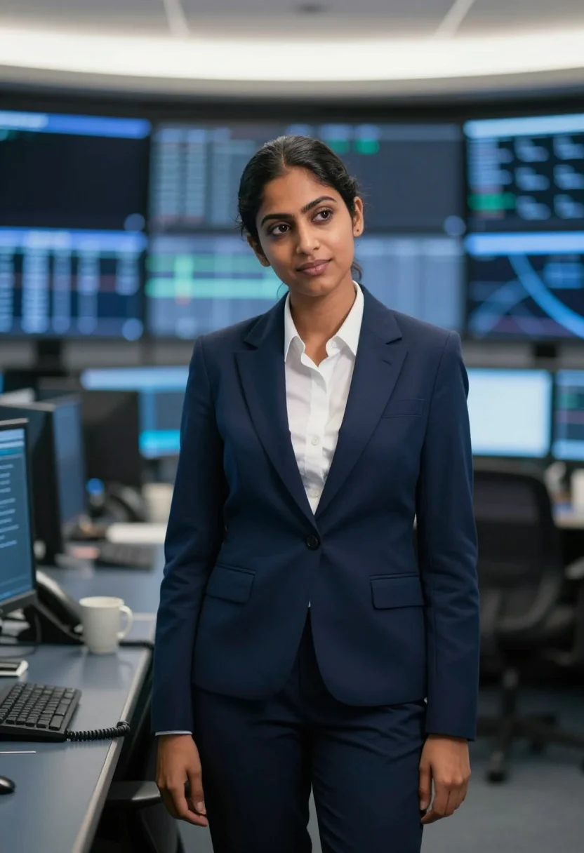 AI industry pierpoint london trading floor navy sample — portrait of a woman, a trader in her early thirties of India