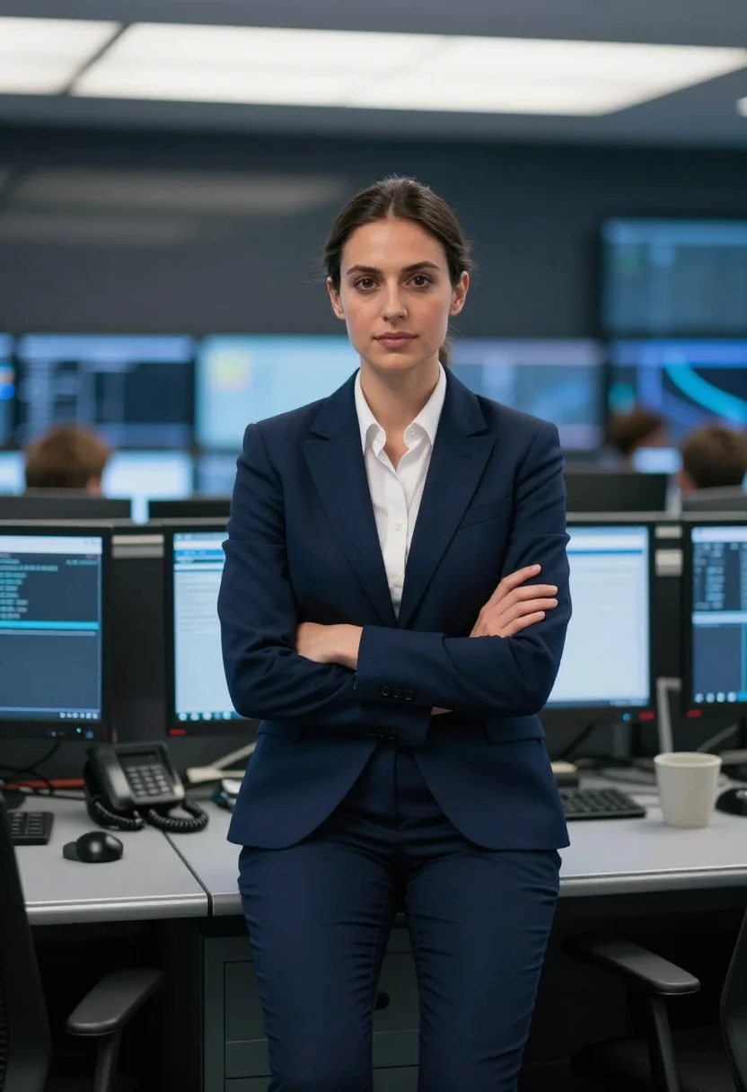 AI industry pierpoint london trading floor navy sample — portrait of a woman, a trader in her mid-thirties of Italian