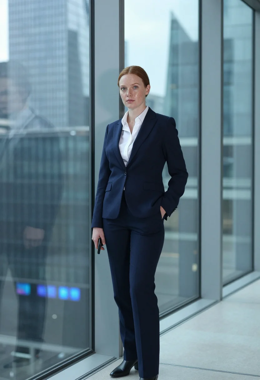 AI industry pierpoint london trading floor navy sample — portrait of a woman, a trader in her mid-twenties of Scottis