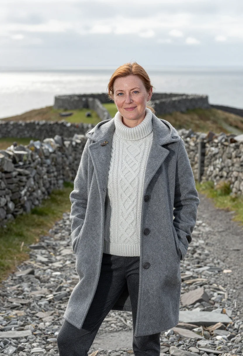 AI inis mor doctor stone wall grey sample — portrait of a woman, framed half-length from the head to the