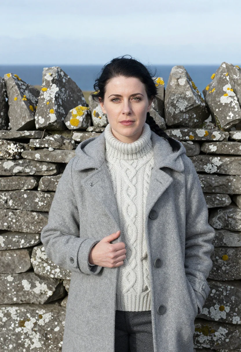 AI inis mor doctor stone wall grey sample — portrait of a woman, framed chest-up from the head to mid-ch