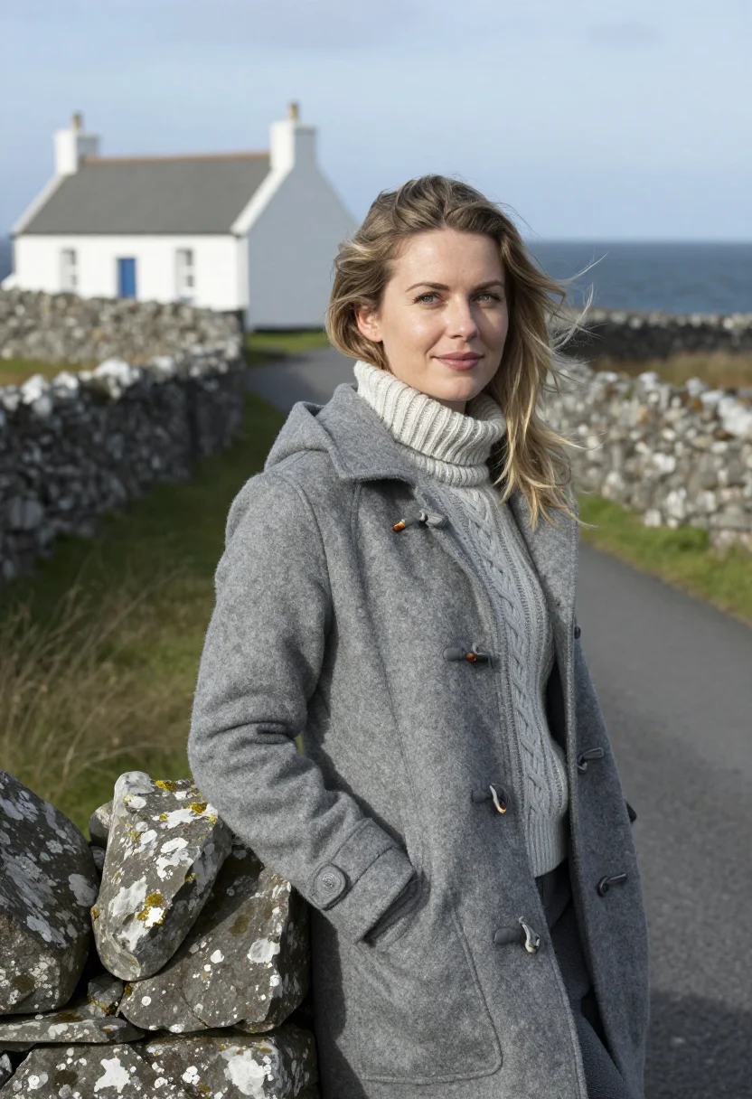 AI inis mor doctor stone wall grey sample — portrait of a woman, framed chest-up from the head to mid-ch
