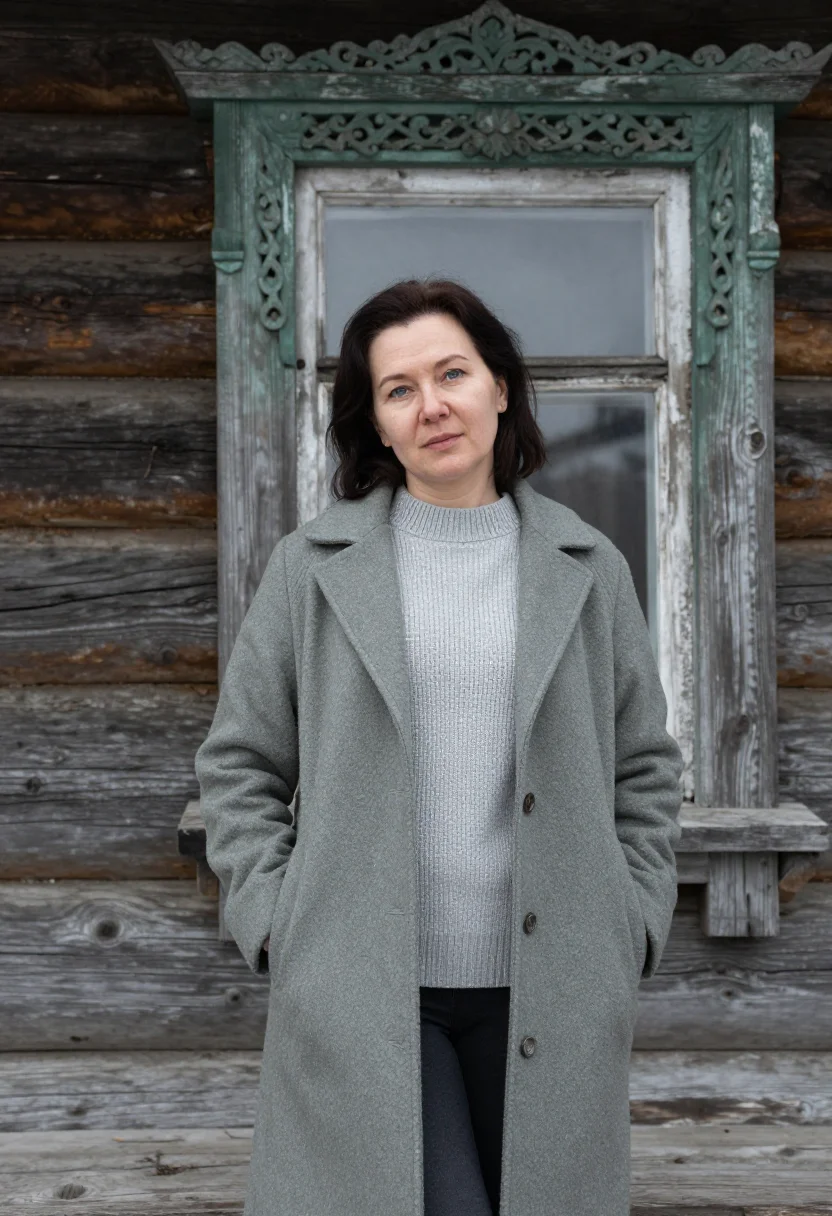 AI irkutsk architect wooden lace timber sample — portrait of a woman, an architect in her late forties with f