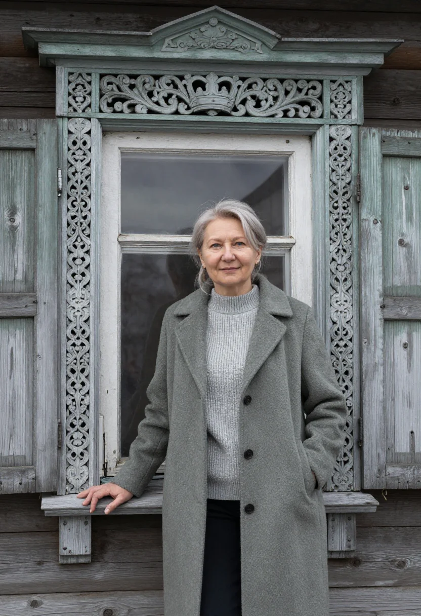 AI irkutsk architect wooden lace timber sample — portrait of a woman, an architect in her mid-fifties with fa