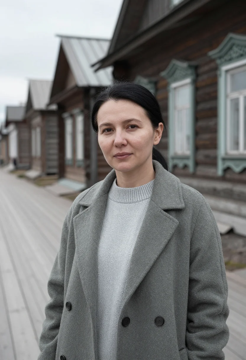 AI irkutsk architect wooden lace timber sample — portrait of a woman, a Yakut architect in her mid-thirties w