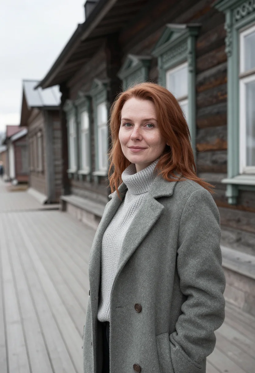 AI irkutsk architect wooden lace timber sample — portrait of a woman, an architect in her late thirties with