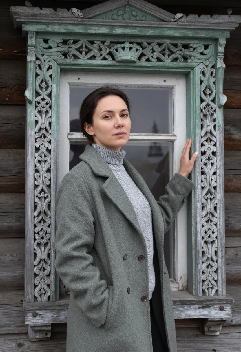 AI irkutsk architect wooden lace timber sample — portrait of a woman, an architect in her early forties with