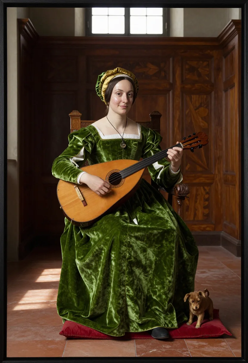 AI isabella d este sample — portrait of a woman, wide full-length seated portrait of a N