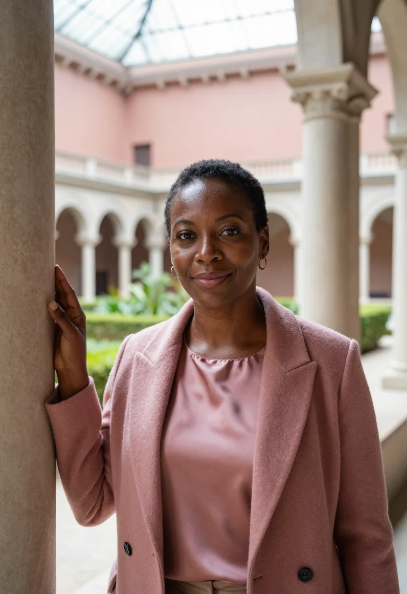 AI isabella gardner courtyard arts director rose sample — portrait of a woman, Black American, in her late thirties, w