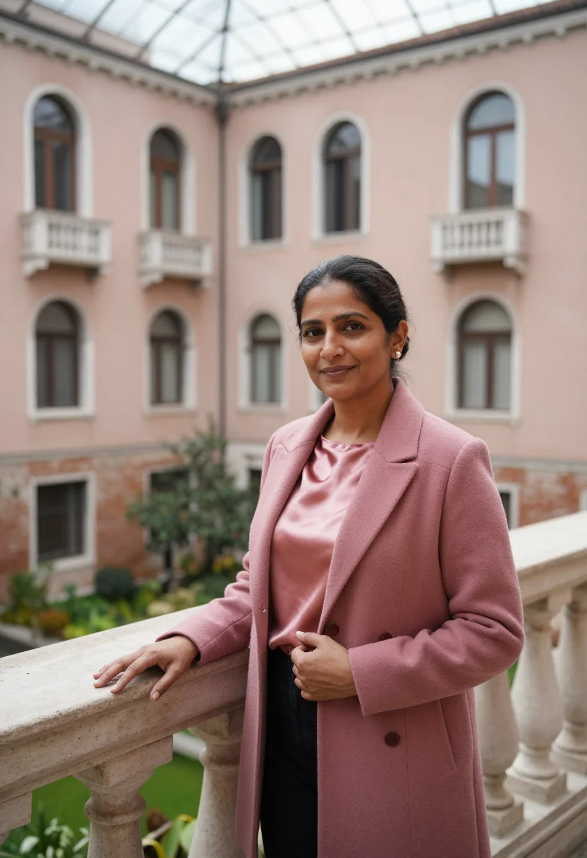 AI isabella gardner courtyard arts director rose sample — portrait of a woman, Indian-American, in her mid-forties, wi