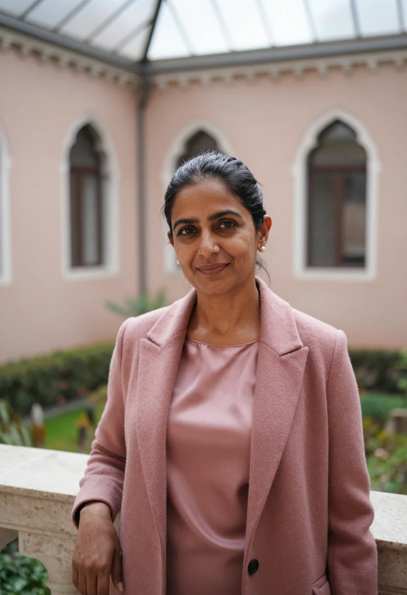 AI isabella gardner courtyard arts director rose sample — portrait of a woman, Indian-American, in her mid-forties, wi