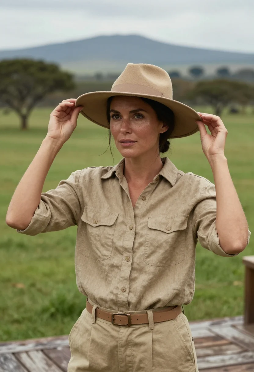 AI isak dinesen ngong hills khaki sample — portrait of a woman, framed chest-up, the body close to the