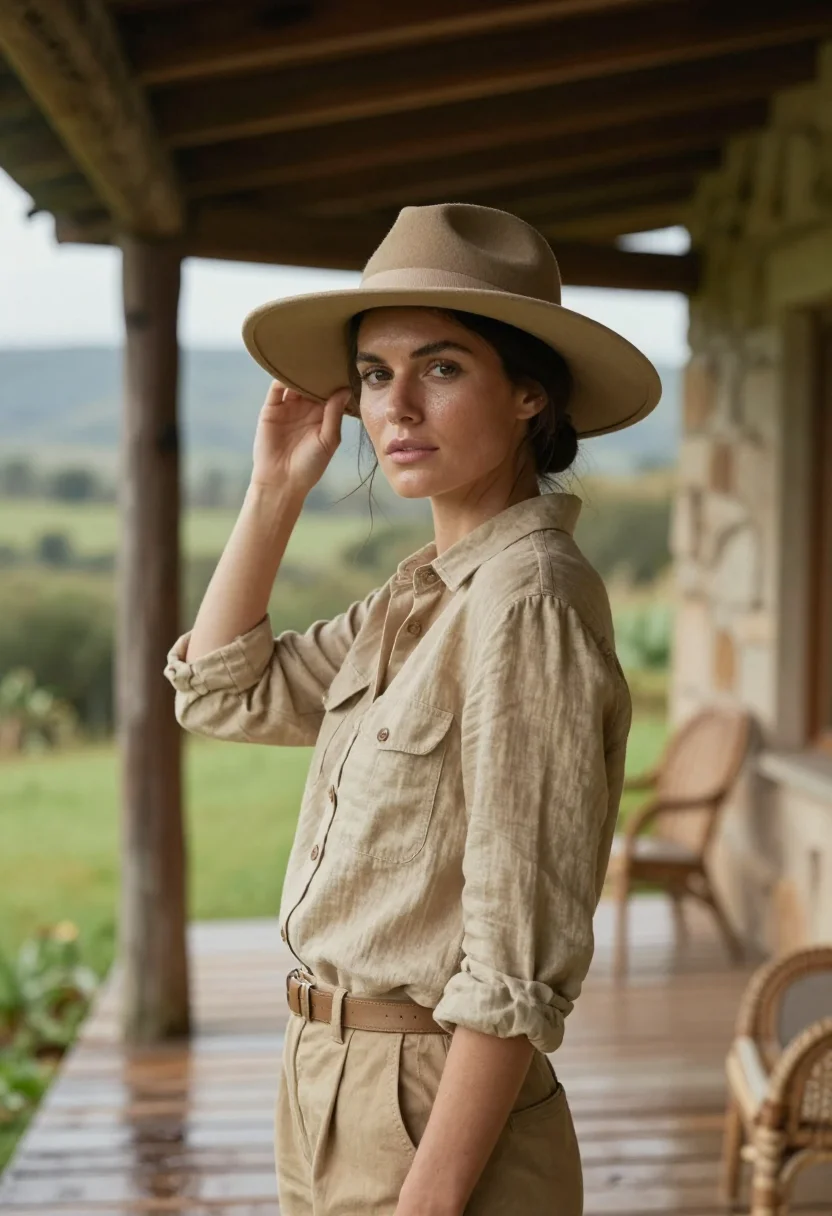 AI isak dinesen ngong hills khaki sample — portrait of a woman, framed chest-up, the body close to the