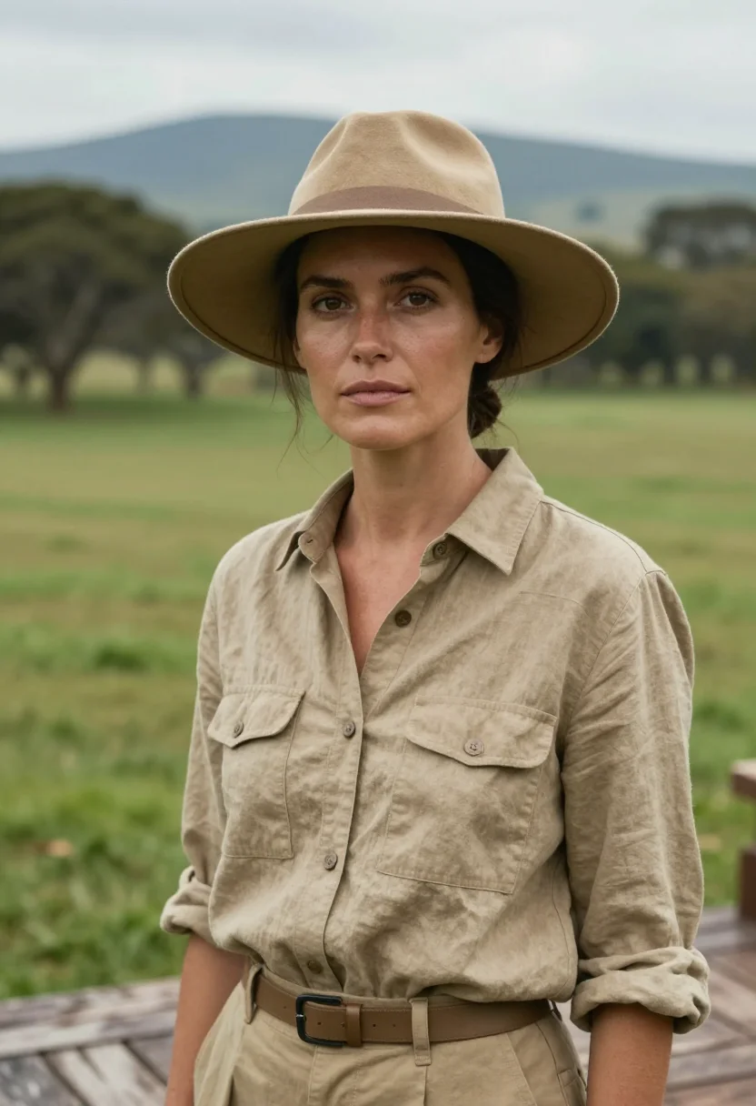 AI isak dinesen ngong hills khaki sample — portrait of a woman, framed tight, head and shoulders, the b