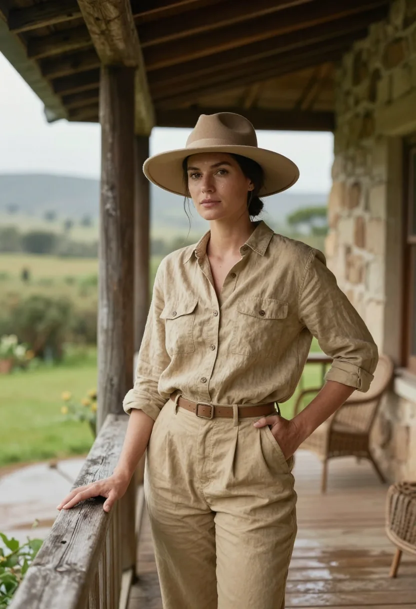 AI isak dinesen ngong hills khaki sample — portrait of a woman, framed three-quarter length, from the k