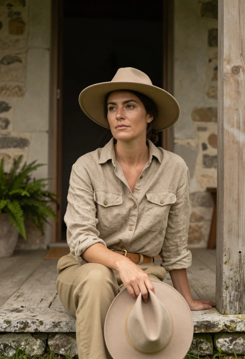 AI isak dinesen ngong hills khaki sample — portrait of a woman, framed chest-up, the body close to the