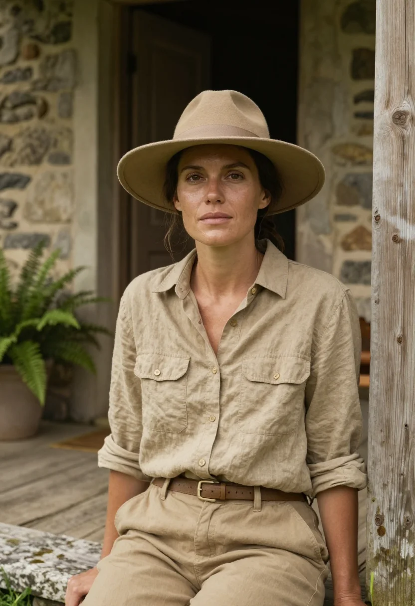 AI isak dinesen ngong hills khaki sample — portrait of a woman, framed tight, head and shoulders, the b